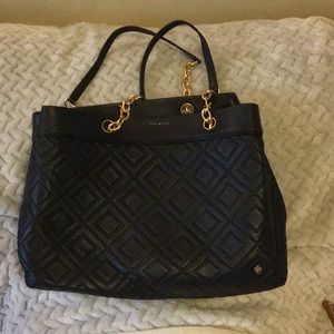 Tory Burch Large Fleming Black Leather Tote Bag